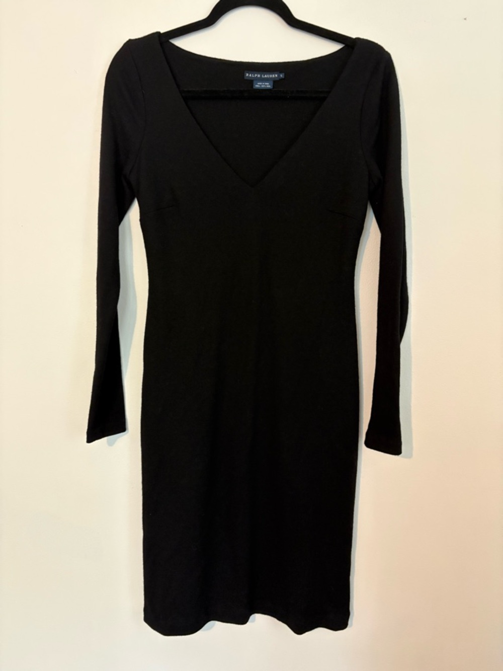 Ralph Lauren Blue Label Black Wool V-Neck Long Sleeve Midi Dress | Old Money vtg